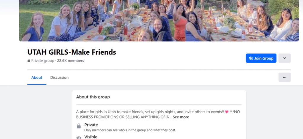 Snimka zaslona zatvorene Facebook grupe pod nazivom UTAH GIRLS-Make Friends