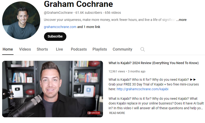 Graham Cochrane, a Kajabi affiliate, asks viewers to use his affiliate link to sign up with Kajabi, on YouTube.