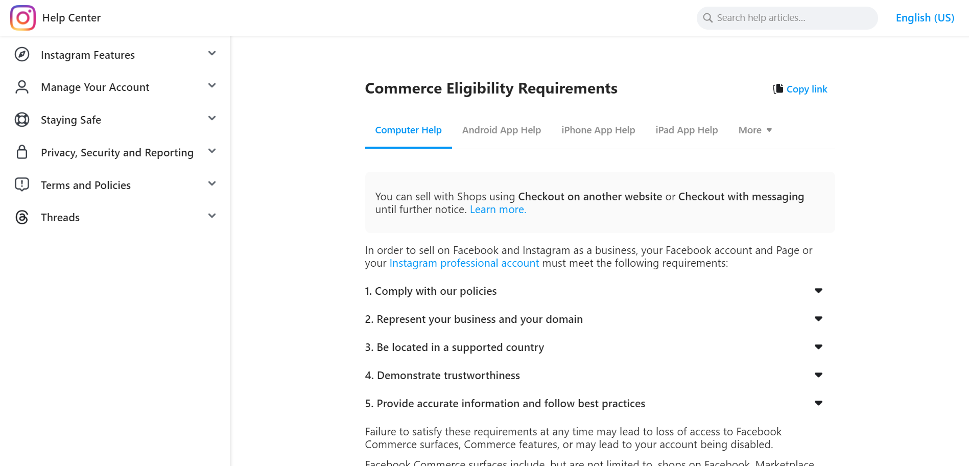 Commerce Eligibility Terms for Instagram