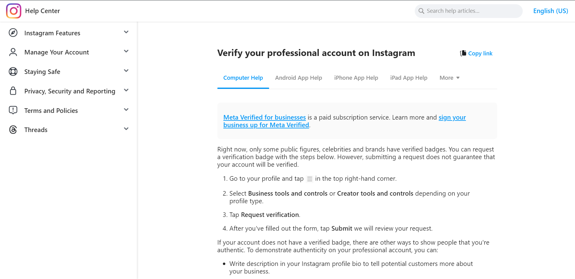 Verifying your professional account on Instagram