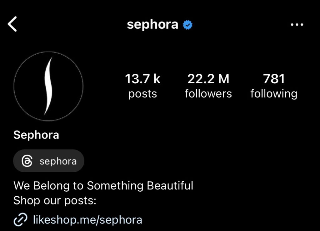 screenshot of Sephora instagram page
