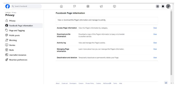 Click on Page Settings – Privacy – Facebook Page Information