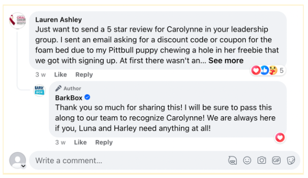 screenshot of customer appreciation on facebook