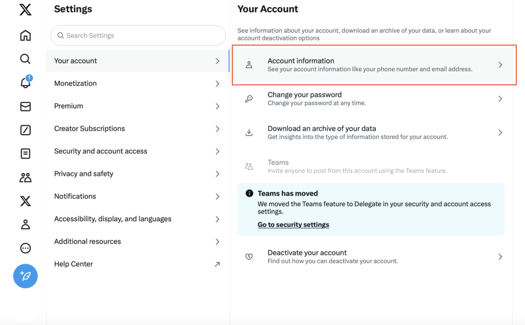 Twitter Settings, Account Information Page on 