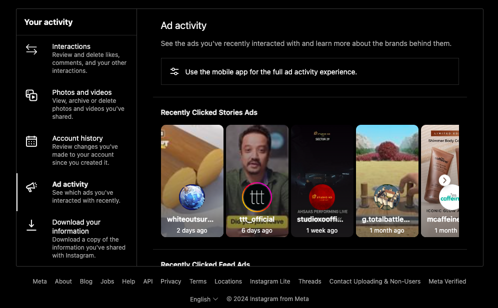 Viewing ad activity on Instagram