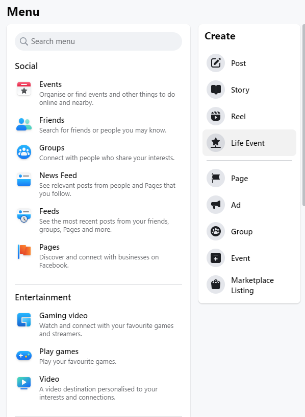 Facebook Menu