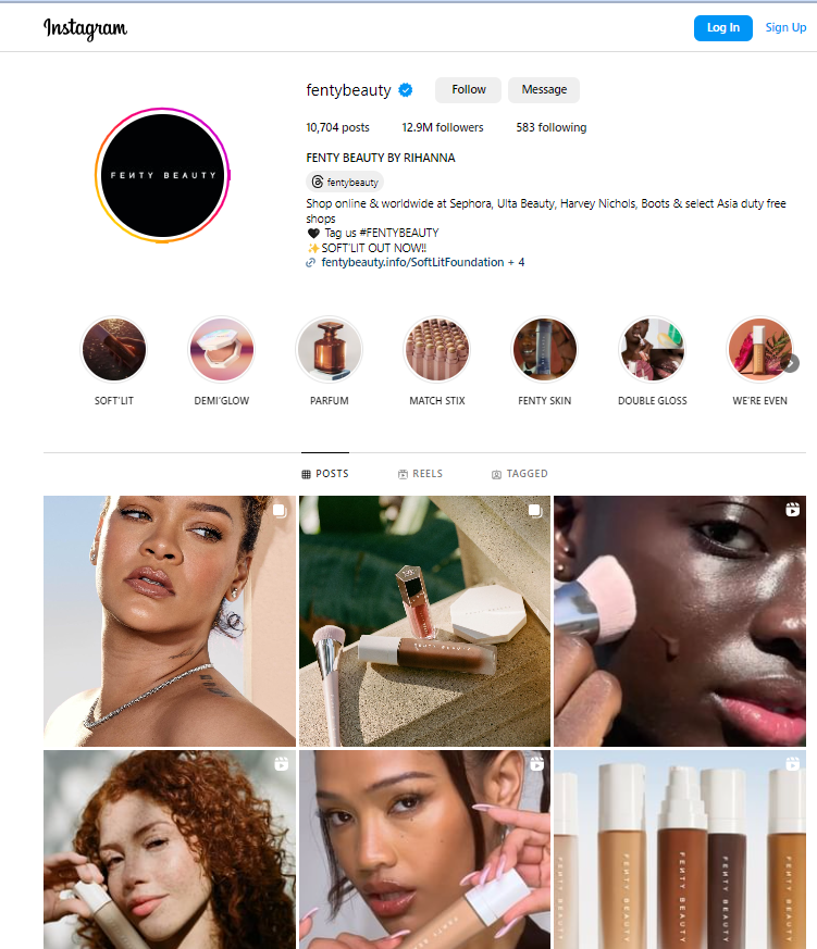 Screenshot of Fenty.Beauty Instagram Page