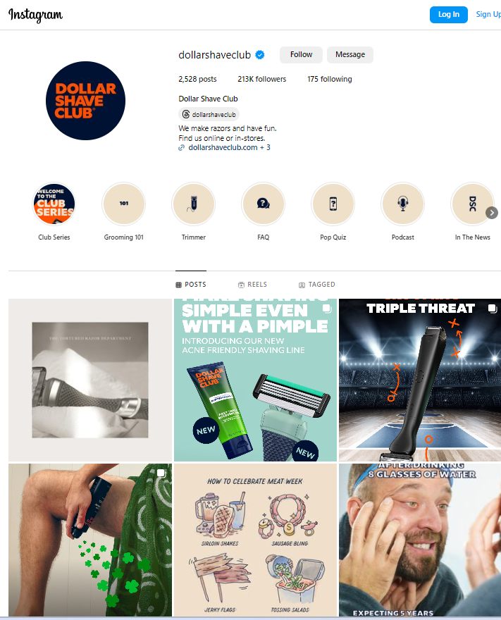 screenshot of Dollar Shave Club Instagram Page