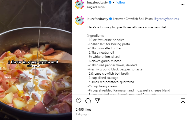 BuzzFeed Tasty uses videos to showcase recipe instructions, providing a visual and informative experience for viewers.