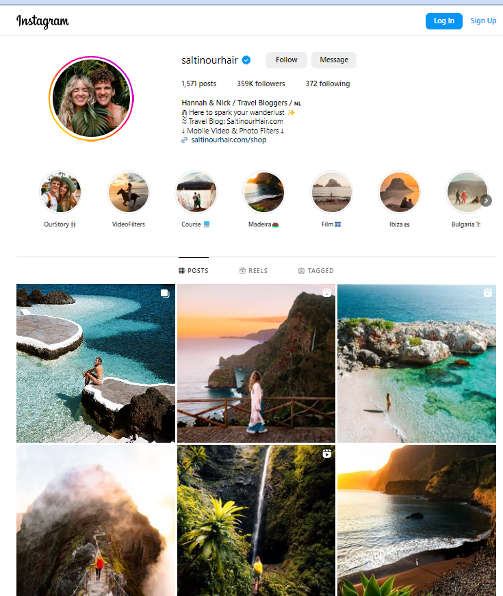 travel page on Instagram