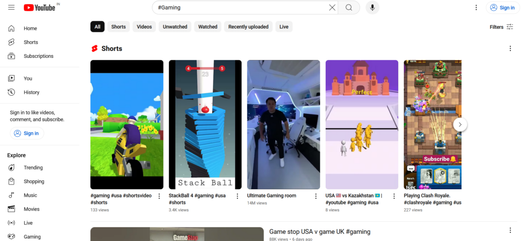 Screenshot of #Gaming YouTube shorts