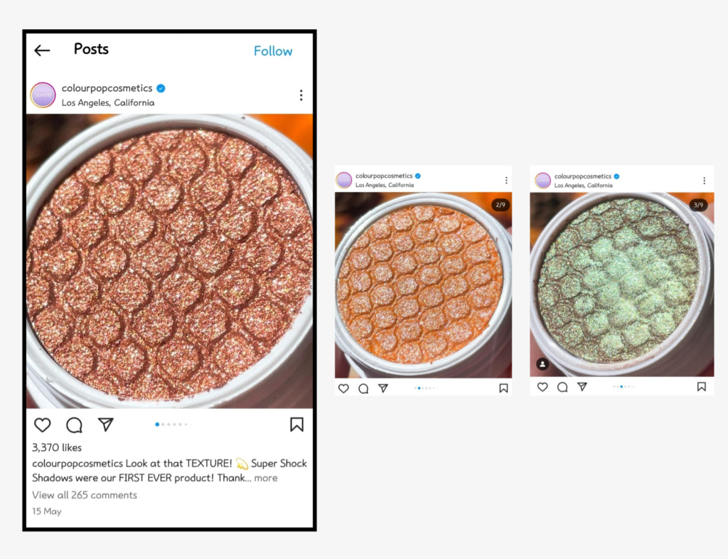 ColourPop Cosmetic's Instagram Carousel on Eyeshadow Range