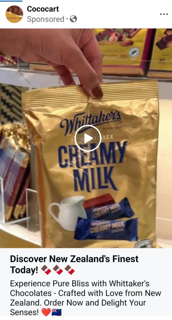 Whittaker's Chocolates Facebook Ad