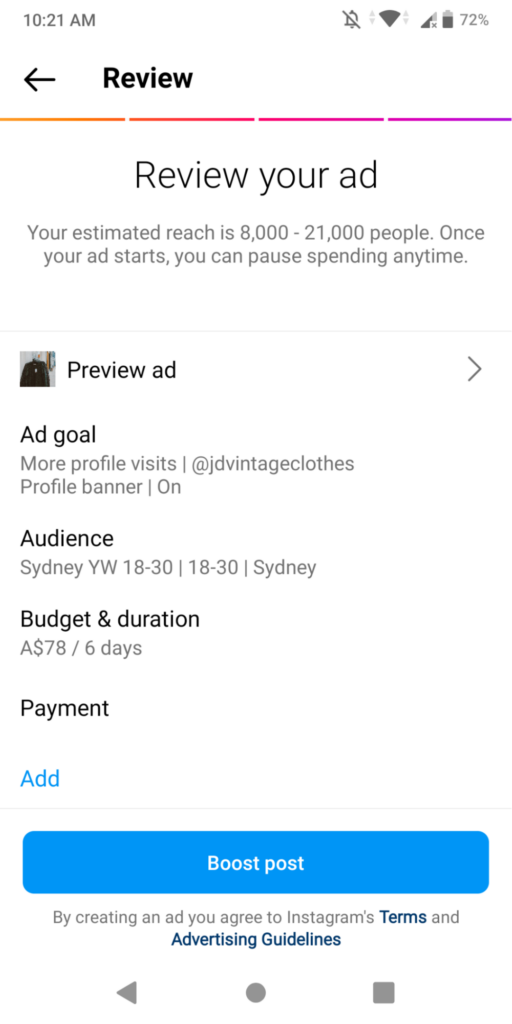 Review your ad on Instagram