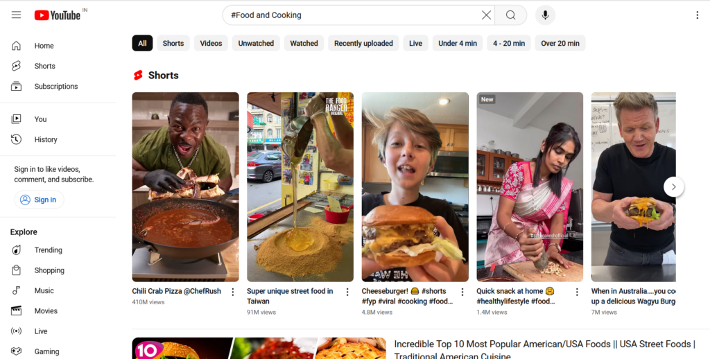 Screenshot of #foodandcooking on YouTube