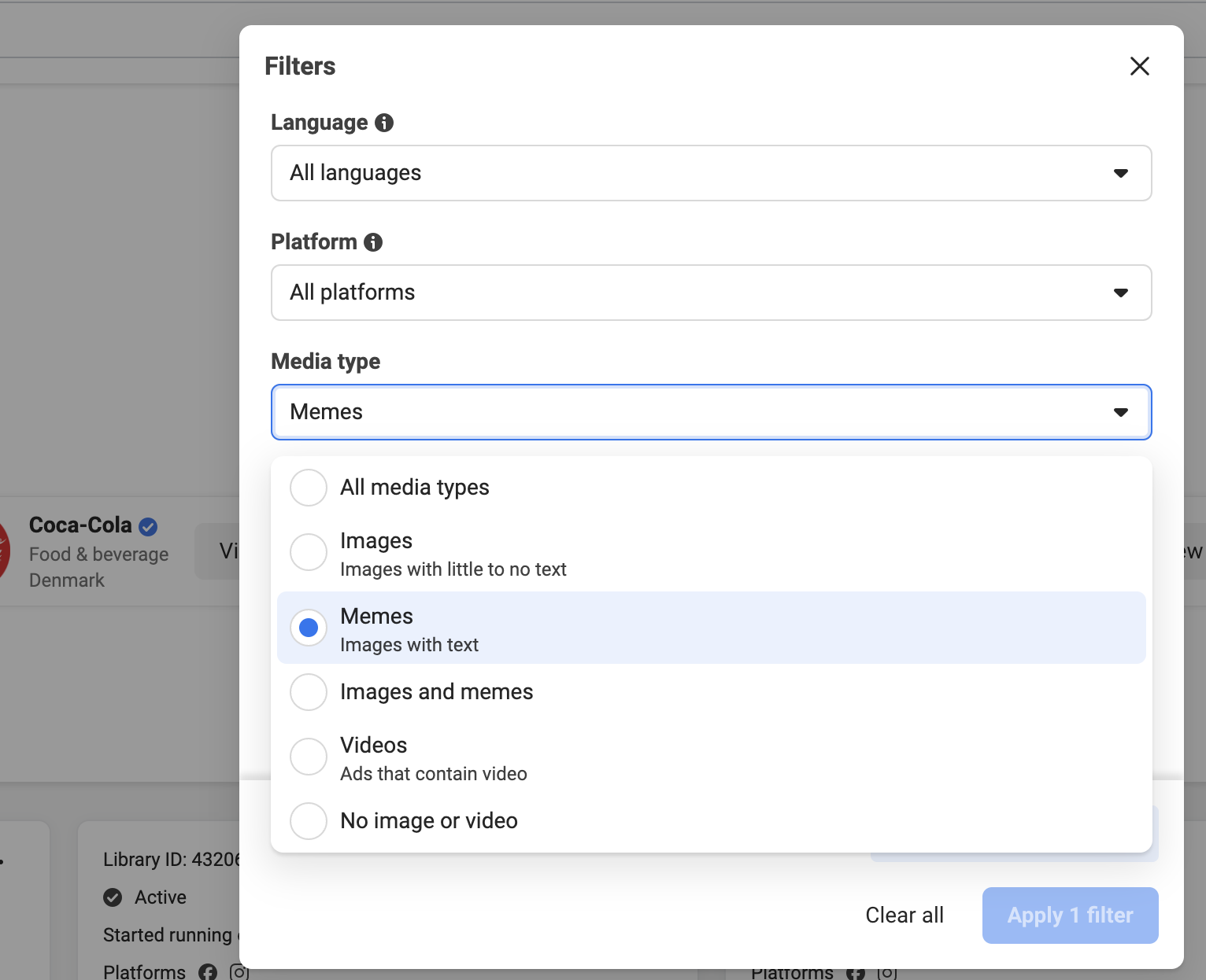 How to filter results on Facebook Ad Library
