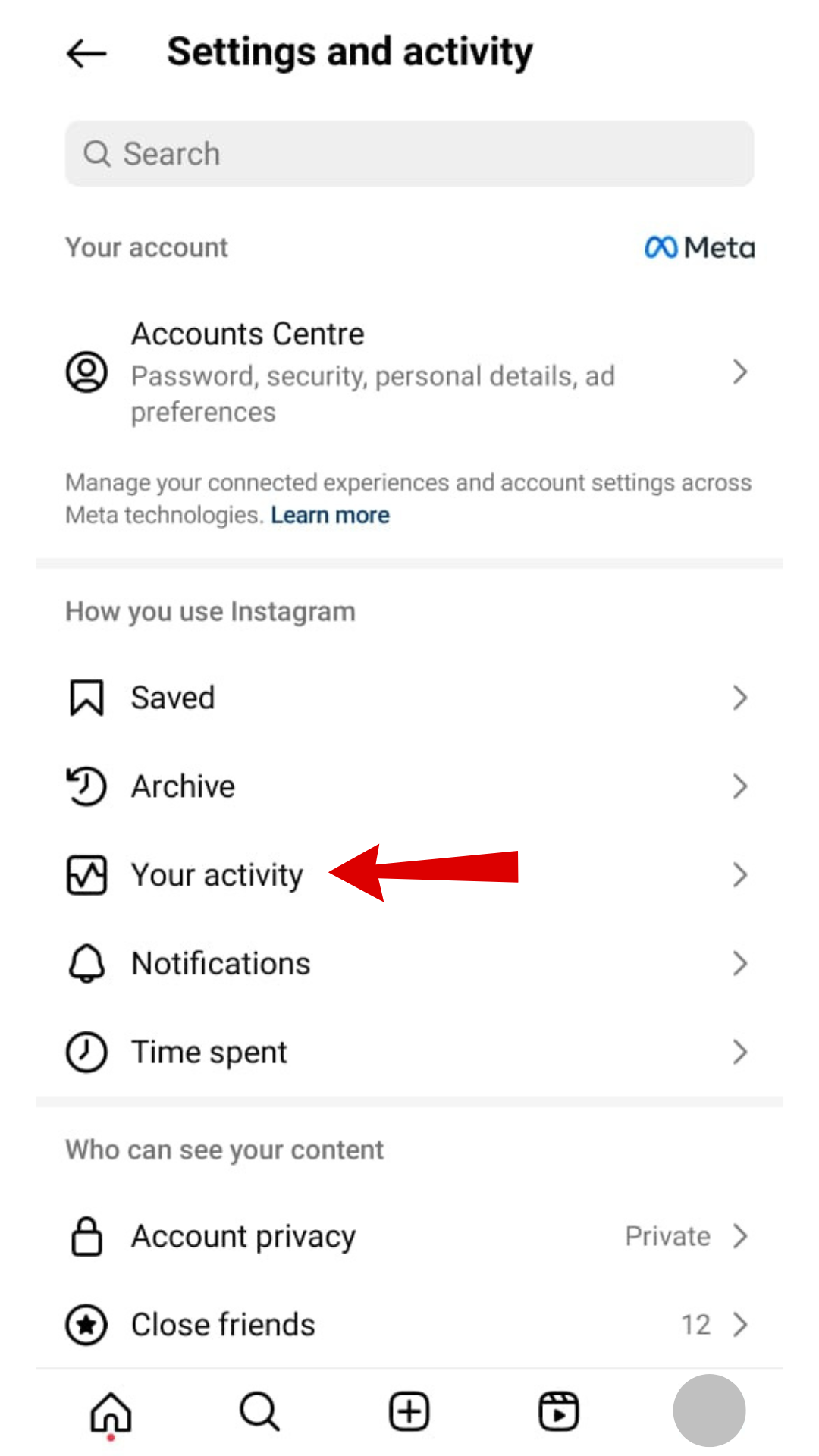 Navigating to 'Your Activity' in Instagram settings