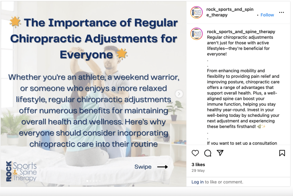 Instagram post about the importance of chiropractic adjustments