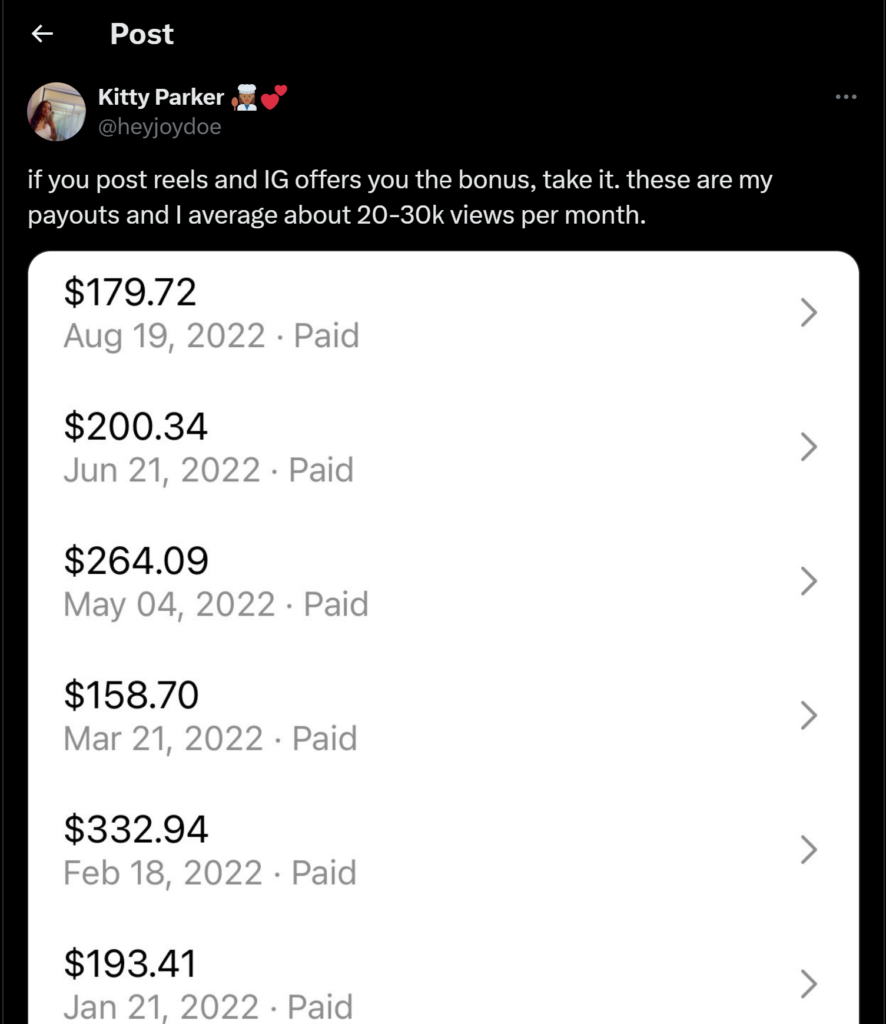 Instagram reels bonus payments