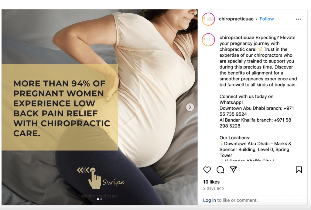 Instagram post on chiropractic techniques during pregnancy