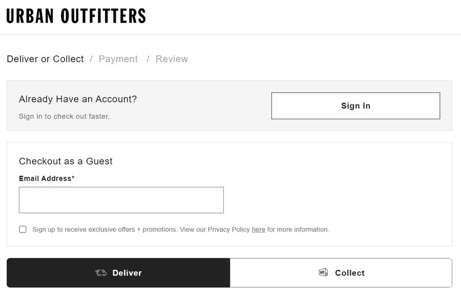 Urban Outfitters' checkout page