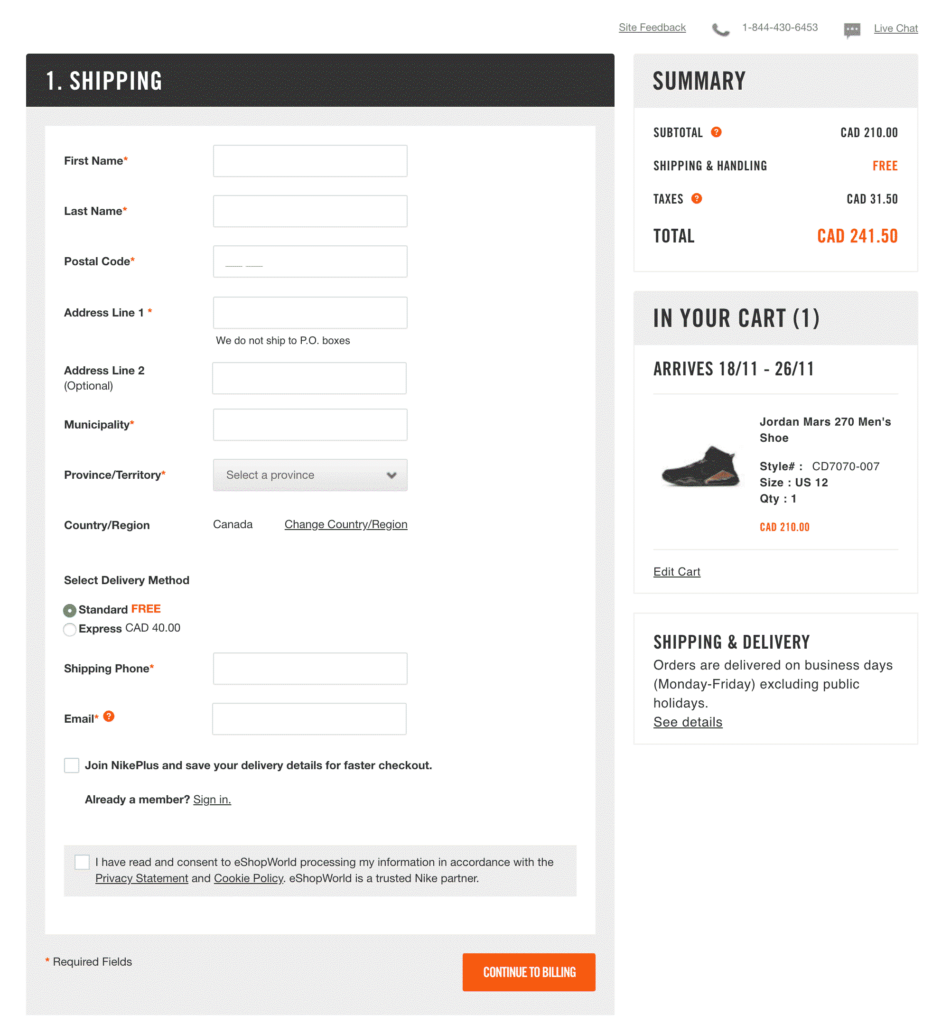 Nike's checkout page with detailed view of additional costs