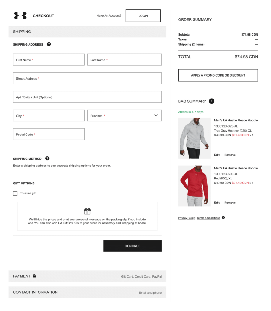 Nike's form validation on checkout page