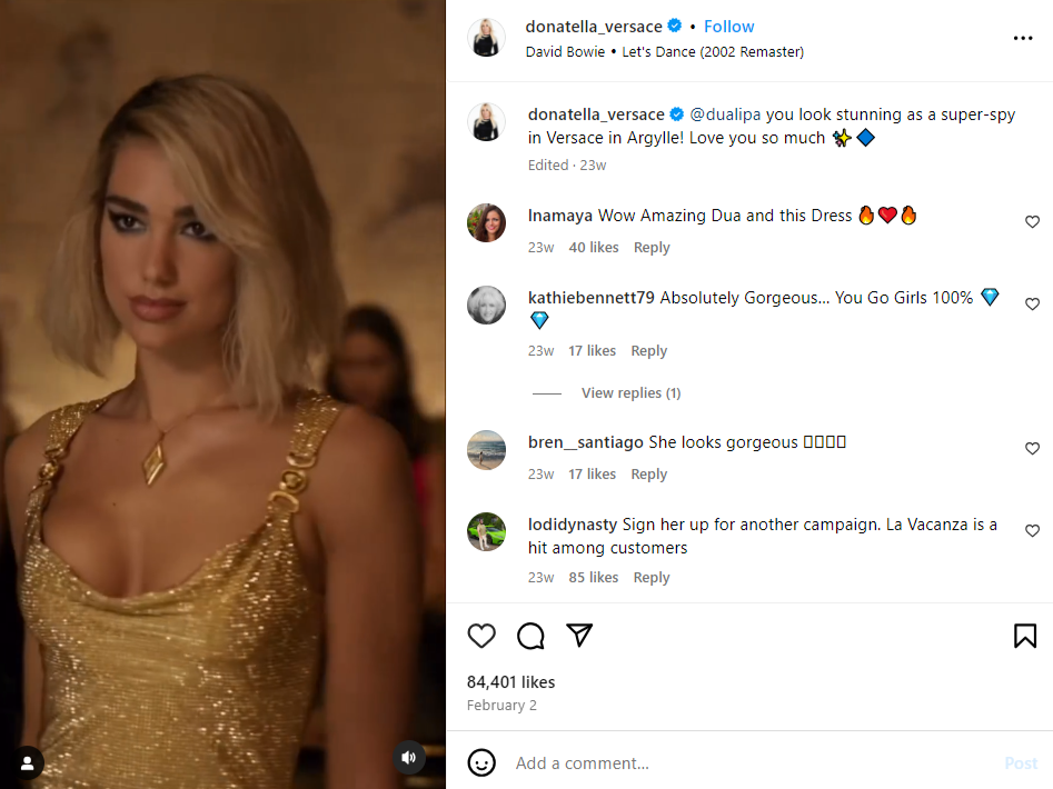 Social proof of Donatella Versace featuring Dua Lipa on Instagram