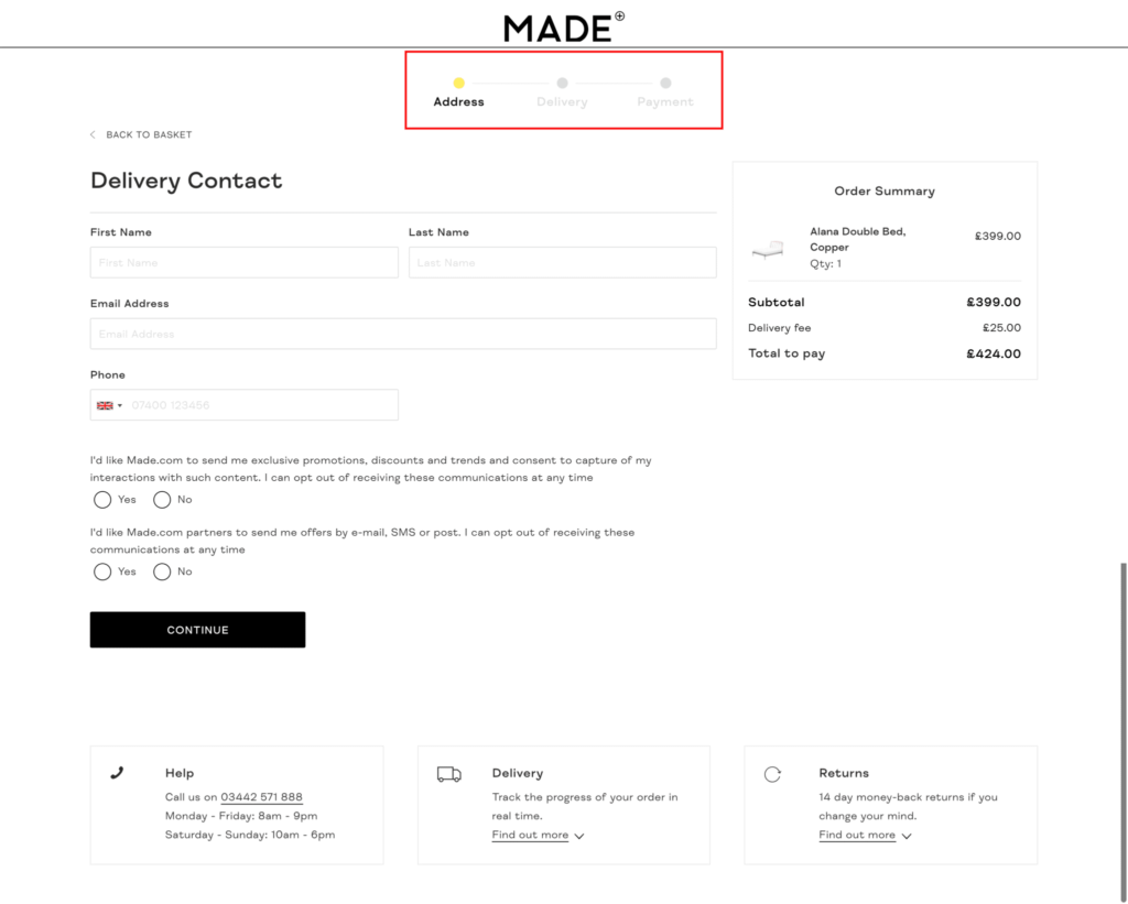 Visual representation of checkout page