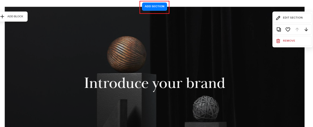 Hit on Add Section on Squarespace store's dashboard