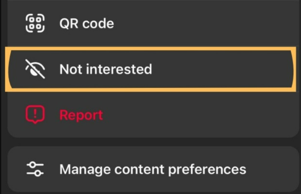 Selecting 'not interested' on a reel on Instagram