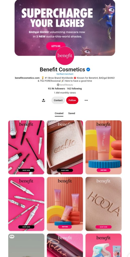 Benefit Cosmetics uses its Pinterest board