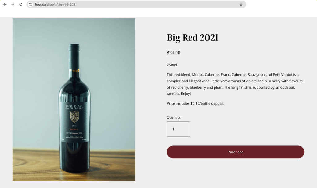 Compelling product page of 1st R.O.W. Estate Winery's product, the Big Red 2021