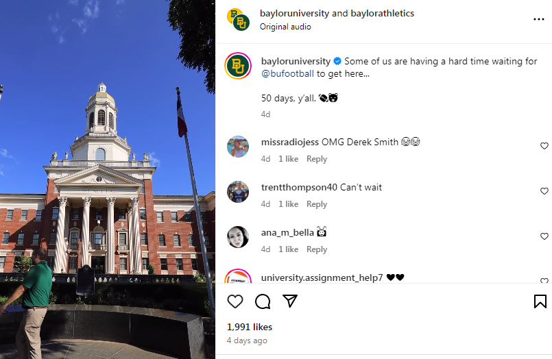 Baylor University's Instagram reel on  an upcoming sports event