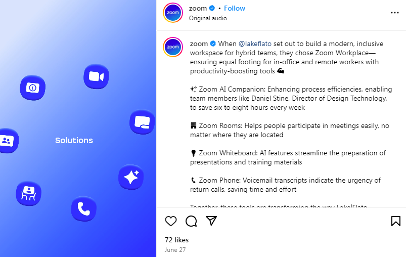 Zoom's animated Instagram reel on Zoom Workplace announcement