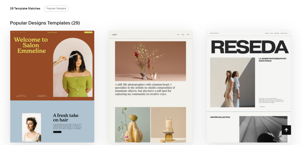 Popular template designs on Squarespace