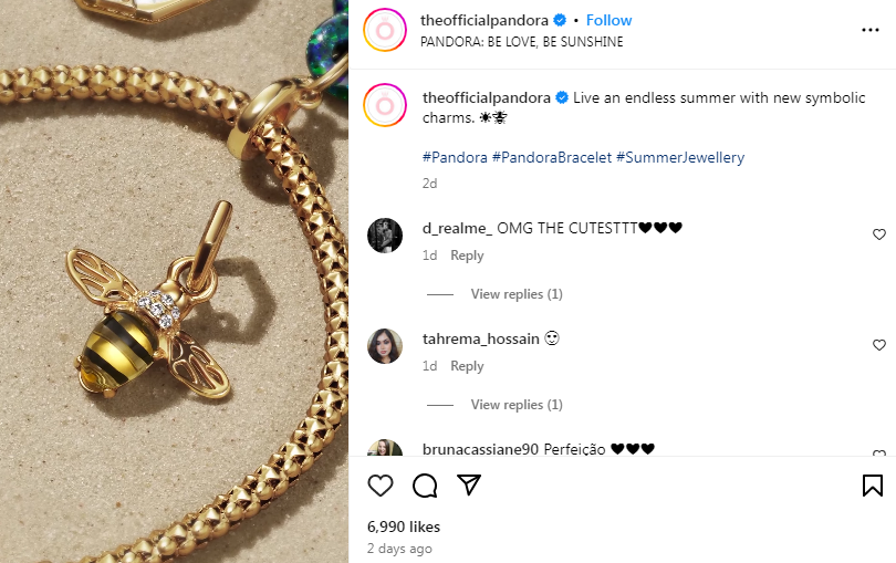 Pandora highlighting its various jewelry designs through Instagram reels