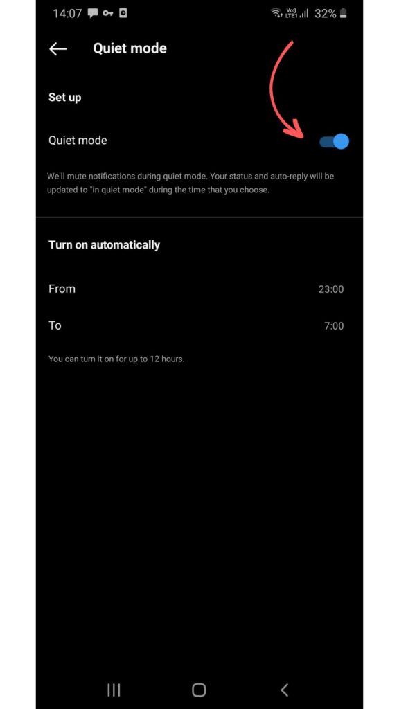 enabled quiet mode on Instagram