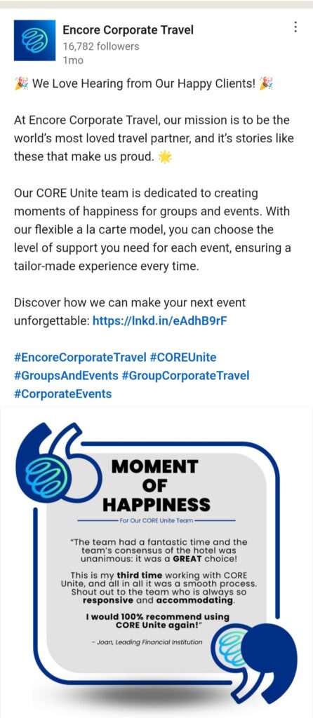 Corporate travel ad by Encore Corporate Travel on LinkedIn