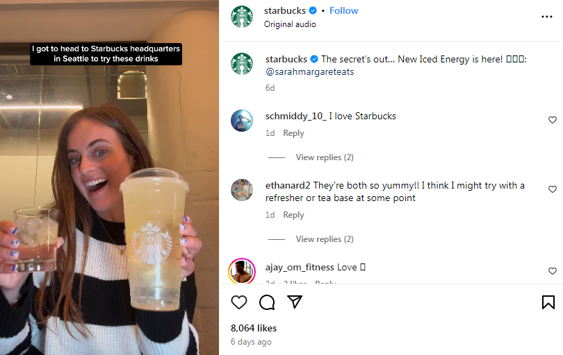 Starbucks' promotion through influencer's Instagram reel