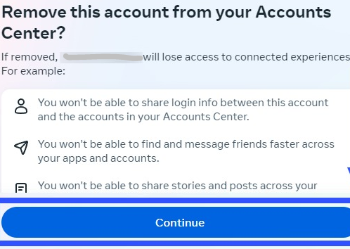Press Continue to remove account
