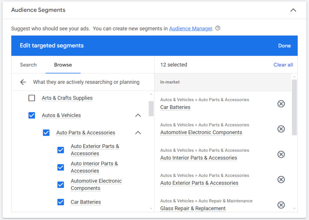 Targeted segments options