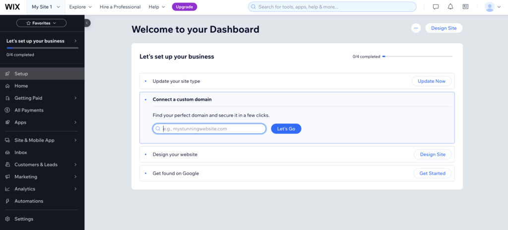 Wix dashboard