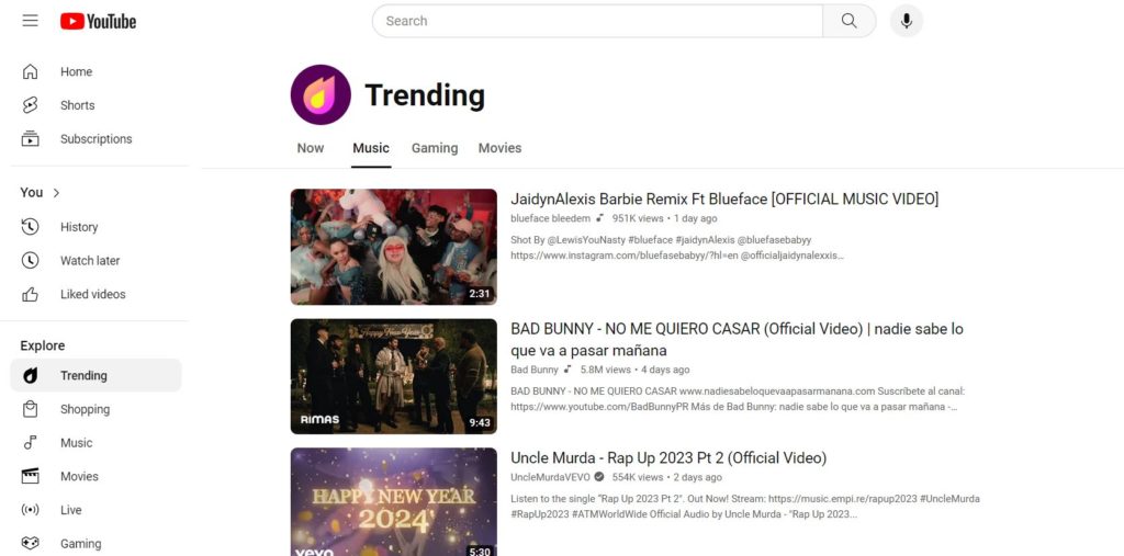 Trending page on YouTube