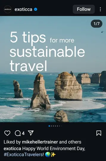 Instagram post on Sustainable travel - content idea for travel agents