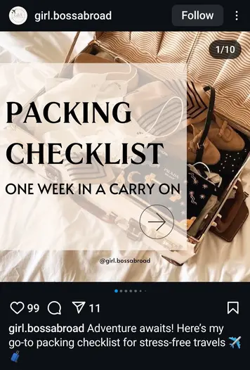 Instagram post on packing checklist