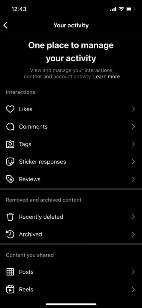 'Your Activity' tab on Instagram