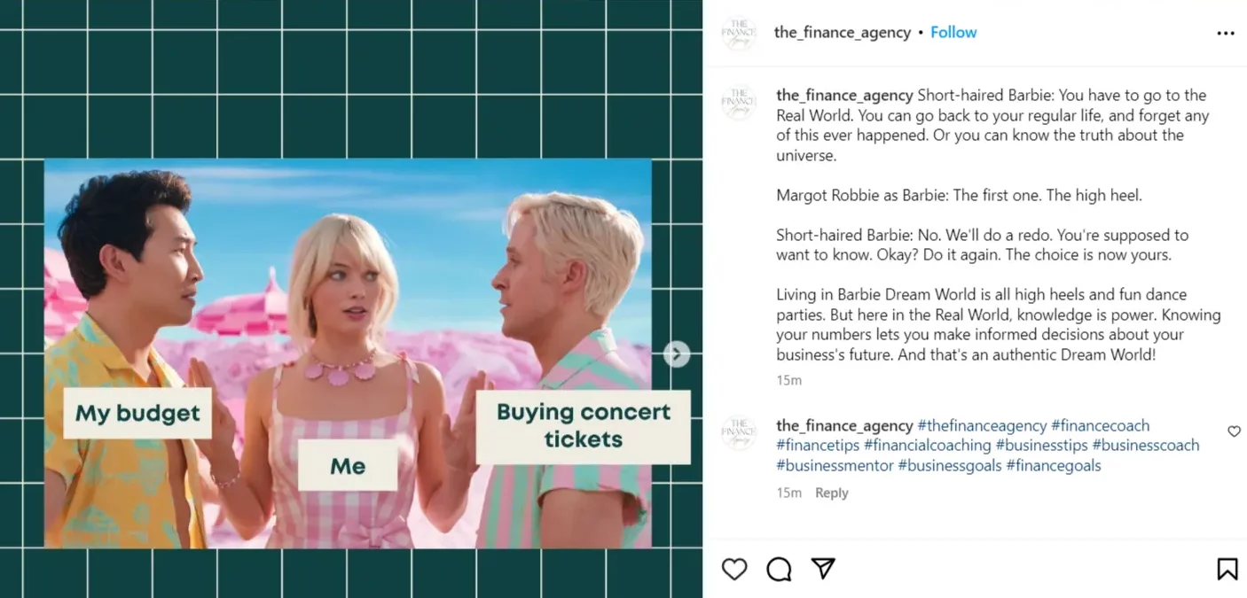 A financial meme carousel incorporating humor about managing finances, designed to engage the audience