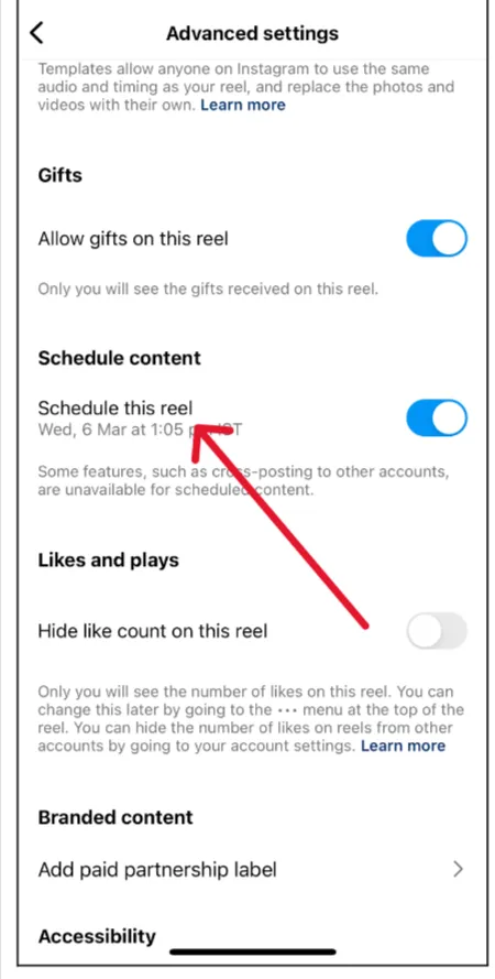 'Schedule this reel' option in Advanced settings on Instagram