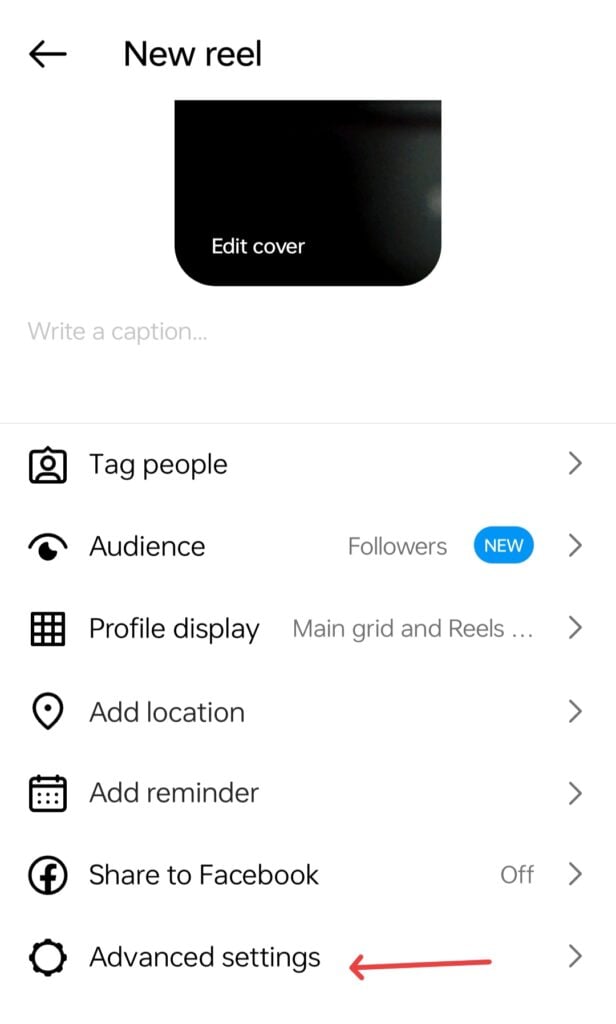 Advanced settings for Instagram reel